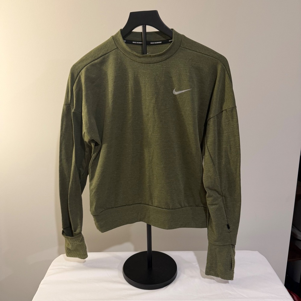 Nike Running Women Olive Green Long Sleeve Crew Neck Top with Thumbholes Pocket